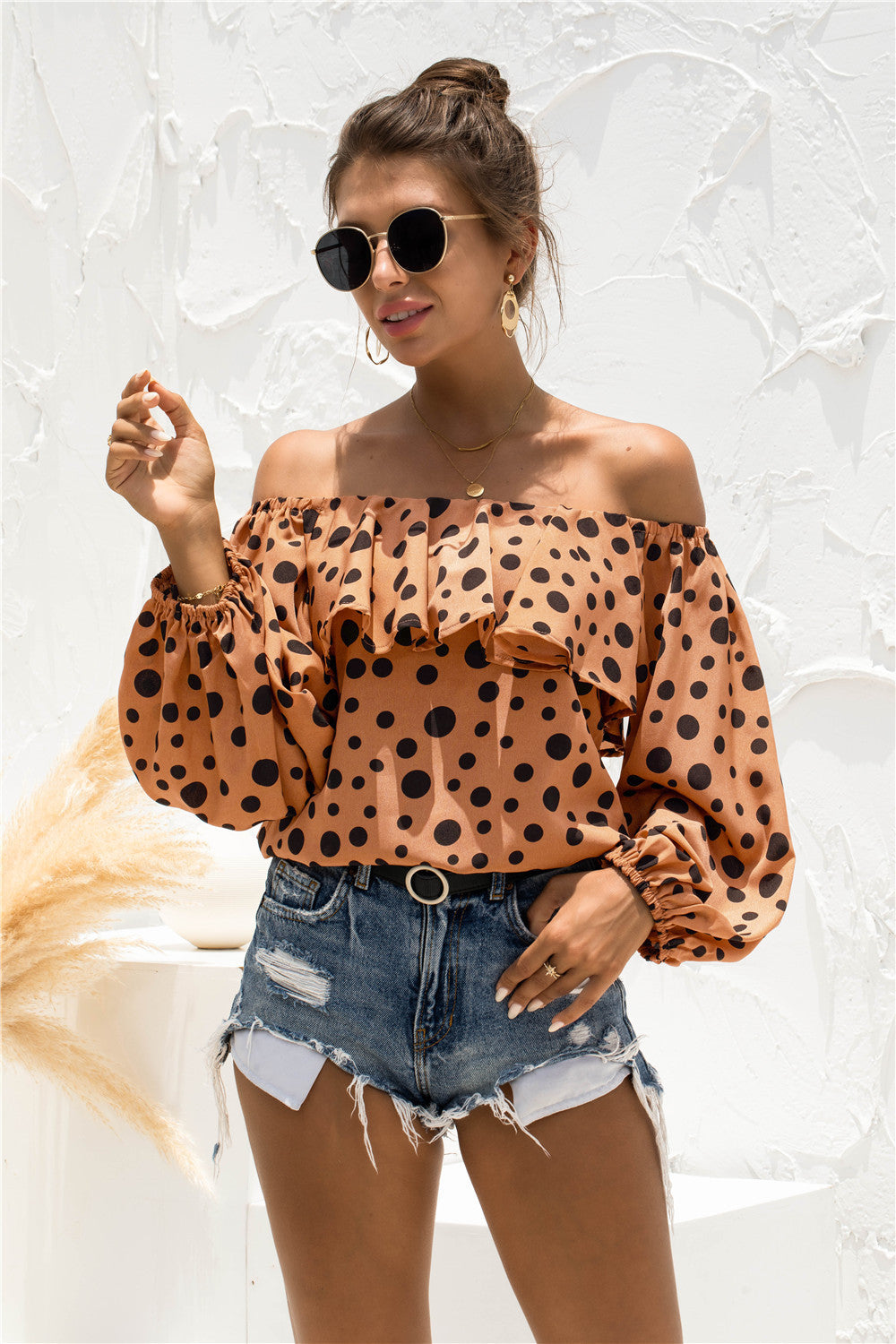 Polka Dot Off-Shoulder Layered Blouse Ochre