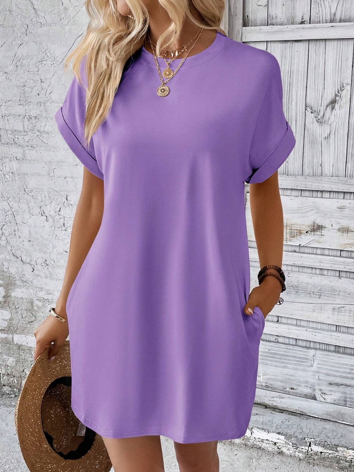 Round Neck Short Sleeve Mini Dress Lavender