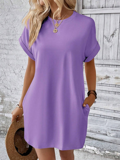 Round Neck Short Sleeve Mini Dress Lavender