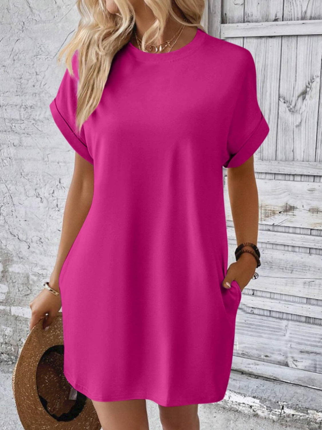 Round Neck Short Sleeve Mini Dress Hot Pink