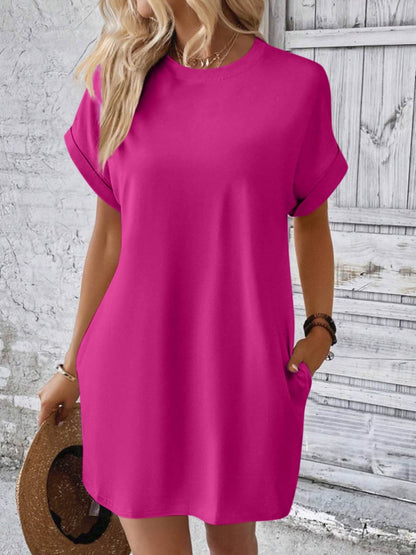 Round Neck Short Sleeve Mini Dress Hot Pink