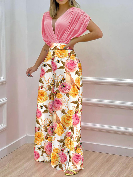Printed Surplice Top and Wide Leg Pants Set Carnation Pink