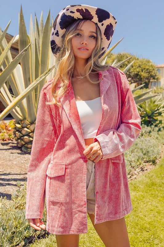 BiBi Ribbed Button Up Long Sleeve Blazer VENTAGE RUBY