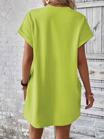 Round Neck Short Sleeve Mini Dress Neon Green