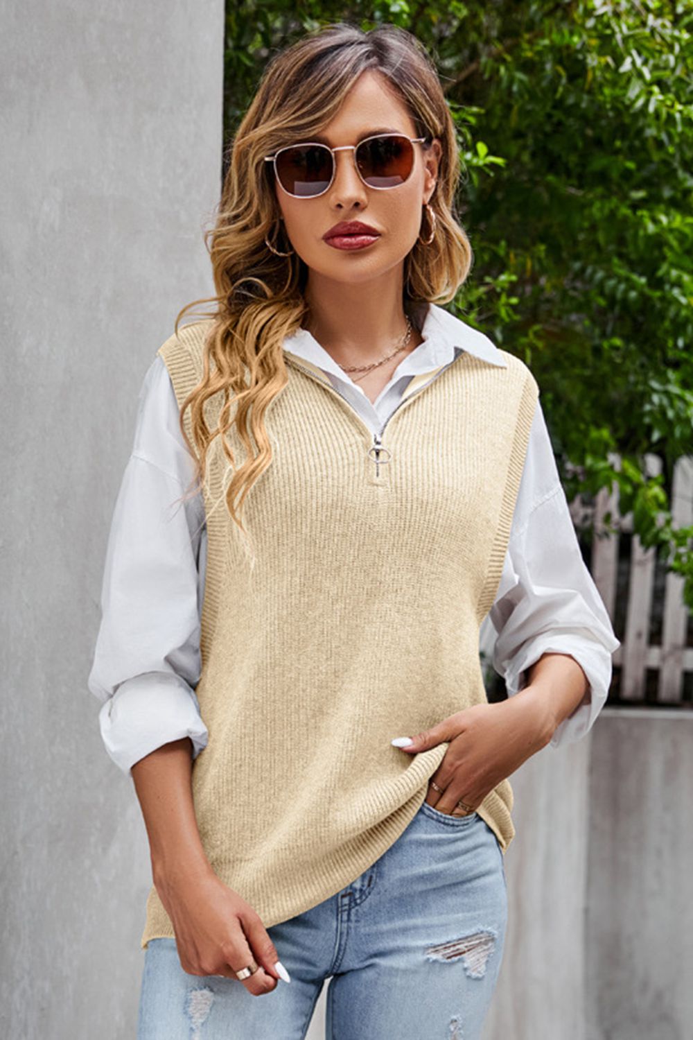 Quarter-Zip Ribbed Sweater Vest Tan