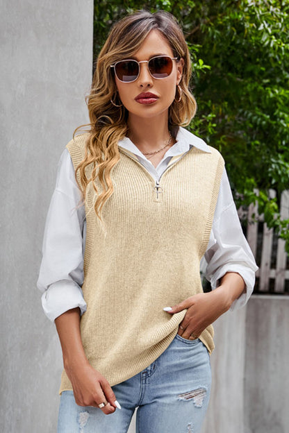 Quarter-Zip Ribbed Sweater Vest Tan