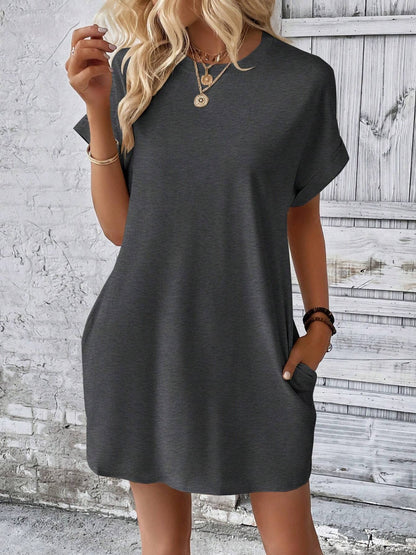 Round Neck Short Sleeve Mini Dress Dark Gray