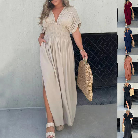 Women's Bat-Sleeve V-Neck Maxi Dress - Summer Slit Dress with Elastic Waist