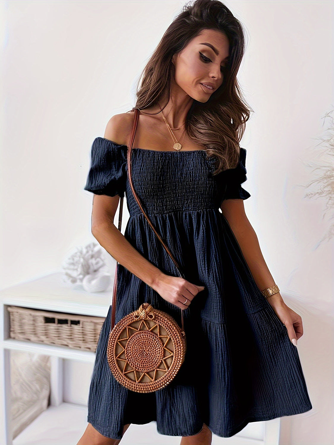 Full Size Ruffled Off-Shoulder Short Sleeve Dress Dark Blue