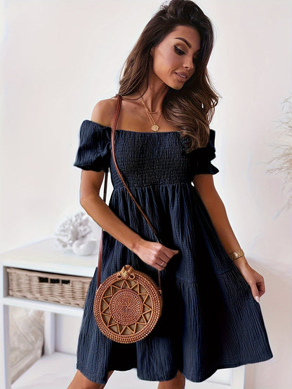Full Size Ruffled Off-Shoulder Short Sleeve Dress Dark Blue