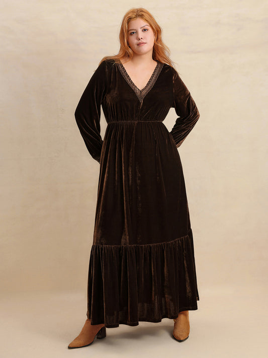 Plus Size Lace Detail V-Neck Long Sleeve Midi Dress Dark Brown