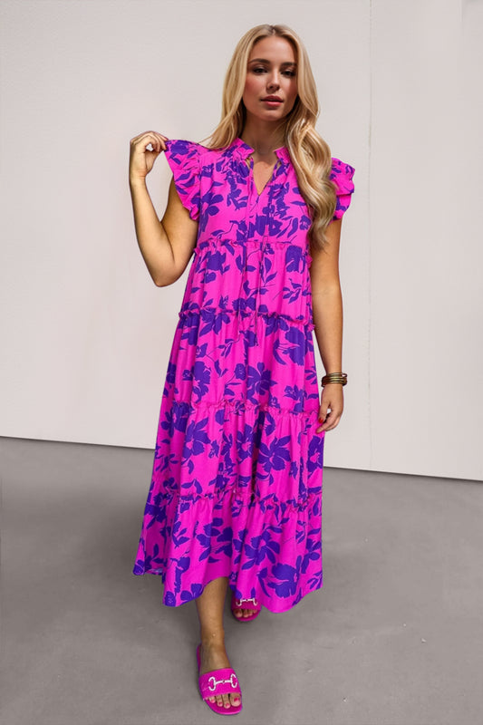 Oh Full Size Ruffled Printed Notched Cap Sleeve Midi Dress Red-Violet