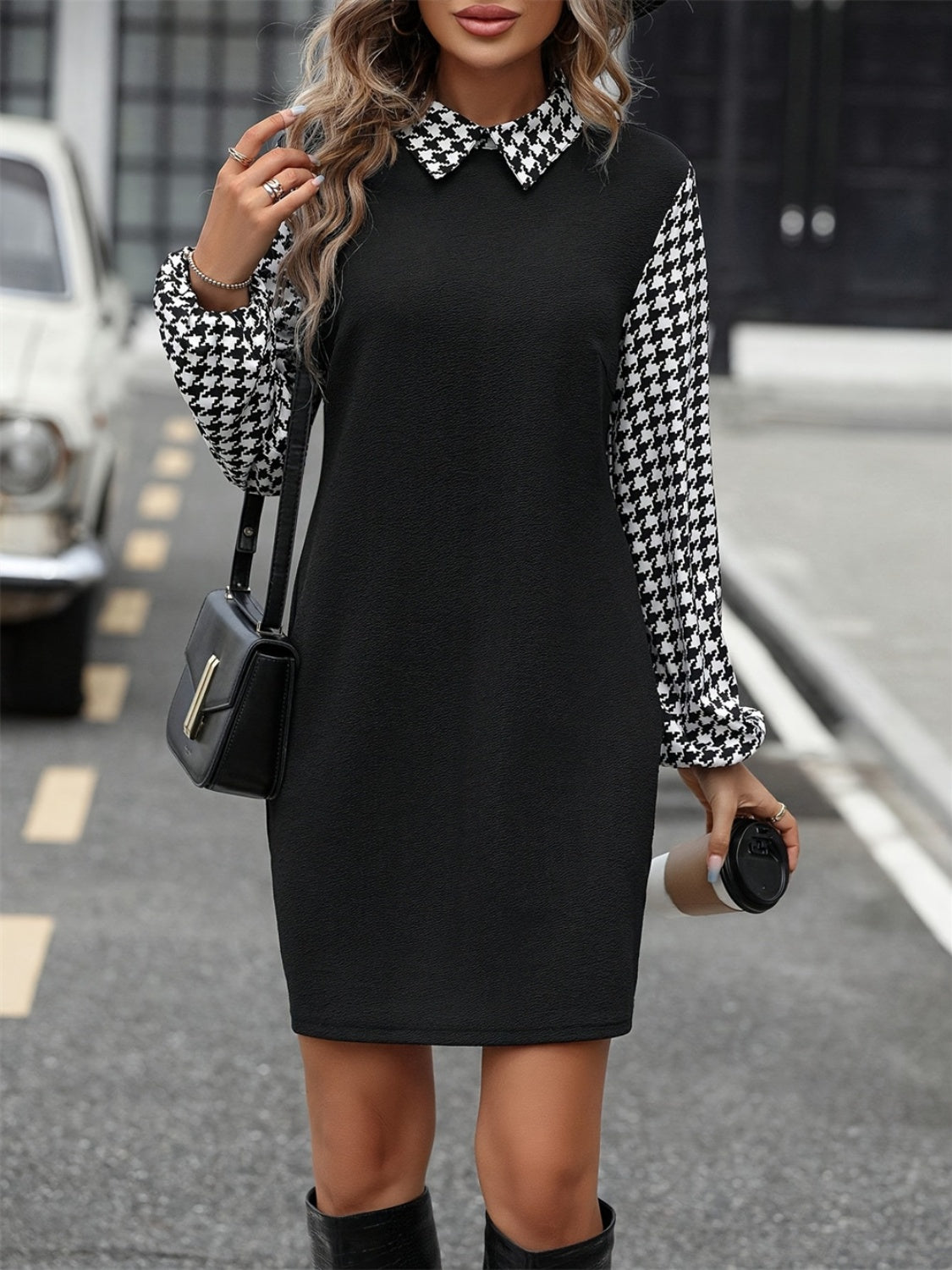 Houndstooth Collared Neck Long Sleeve Mini Dress Black