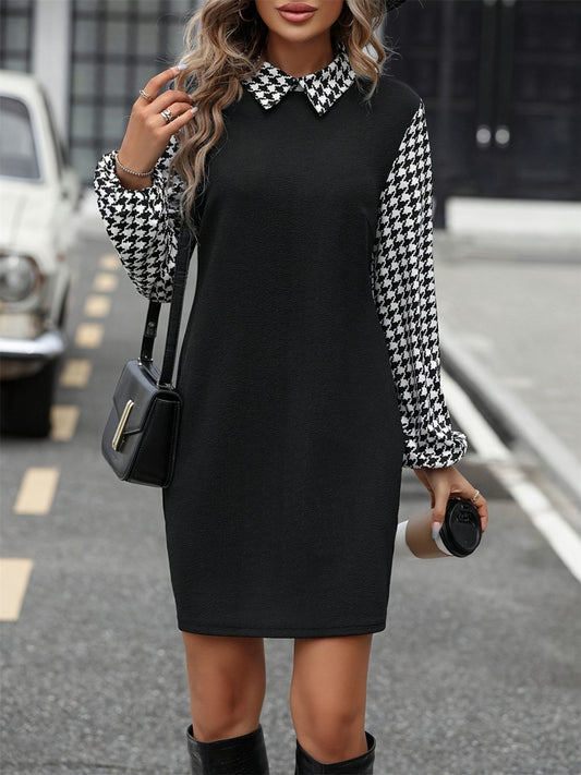 Houndstooth Collared Neck Long Sleeve Mini Dress Black