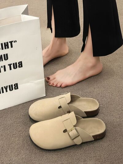 Round Toe Buckle Slip-Ons Beige