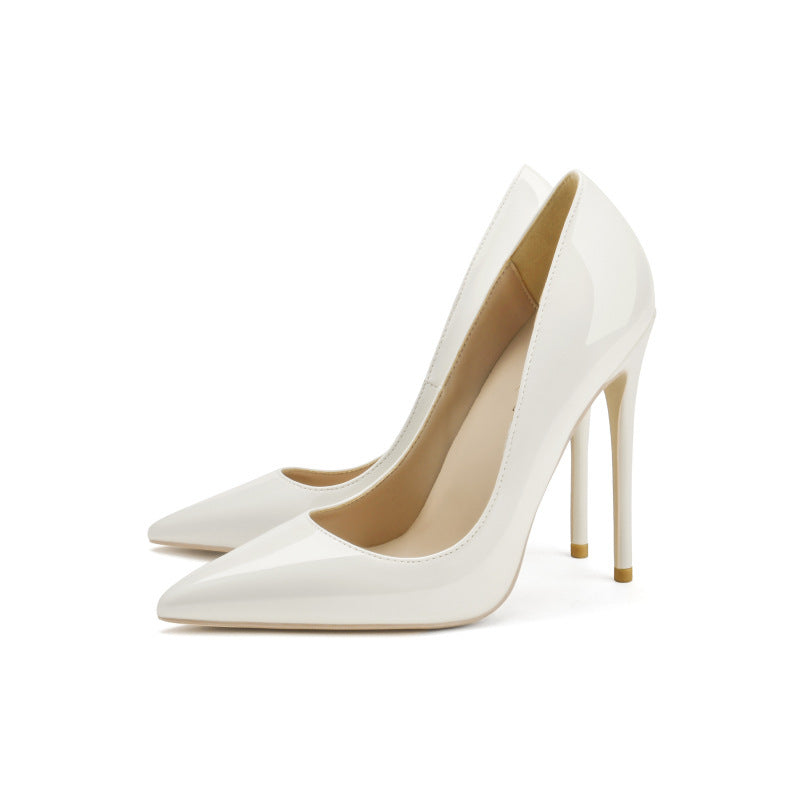 Classic Patent Leather Pointed-Toe Stiletto Heels – Single Shoes for Women White 8cm