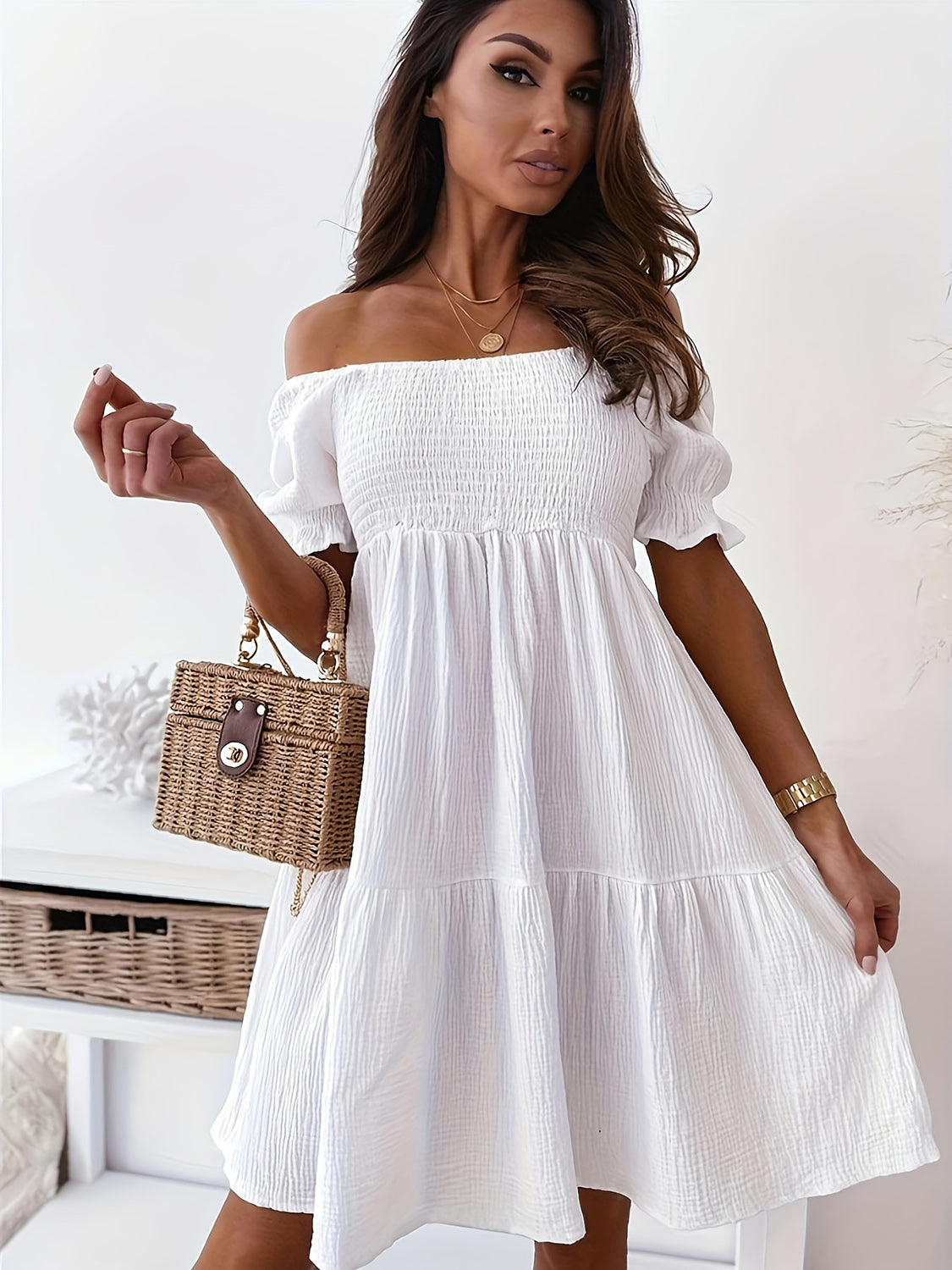 Full Size Ruffled Off-Shoulder Short Sleeve Dress White