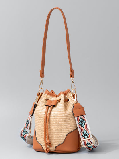 Straw Braided Adjustable Strap Bucket Bag Caramel One Size