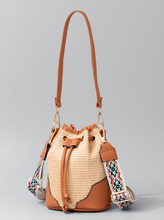 Straw Braided Adjustable Strap Bucket Bag Caramel One Size