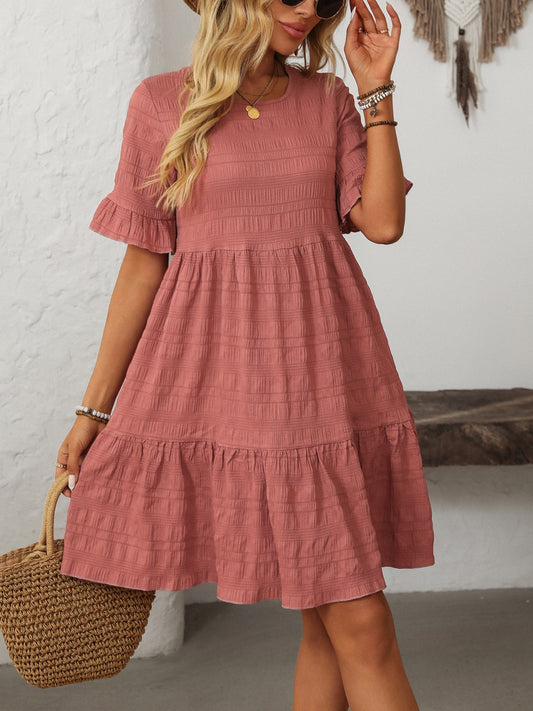 Mandy Ruffled Ruched Round Neck Half Sleeve Dress Dusty Pink