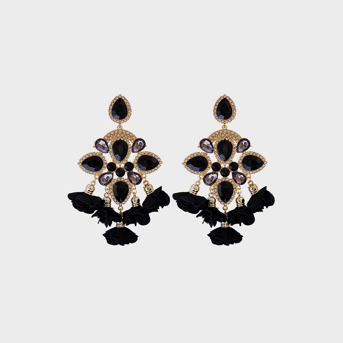 Flower Shape Rhinestone Alloy Dangle Earrings Black One Size