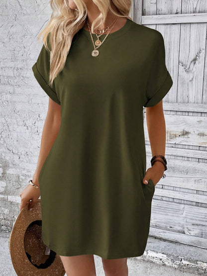Round Neck Short Sleeve Mini Dress Army Green