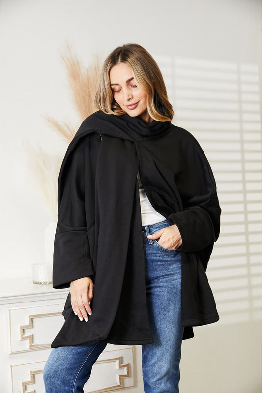 HEYSON Full Size Open Front Cardigan with Scarf Design Black