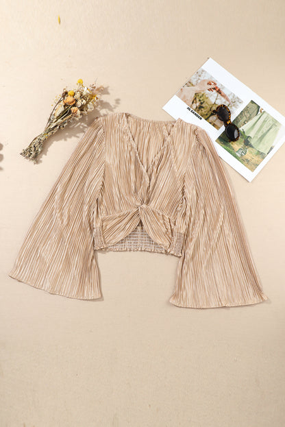 Camel Pleated Bell Sleeve Twist V Neck Cropped Blouse