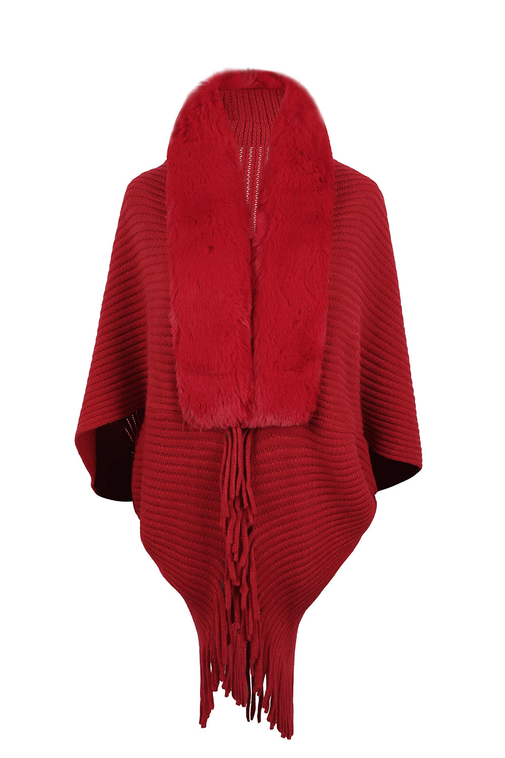 Fringe Detail Long Sleeve Ribbed Poncho Deep Red One Size