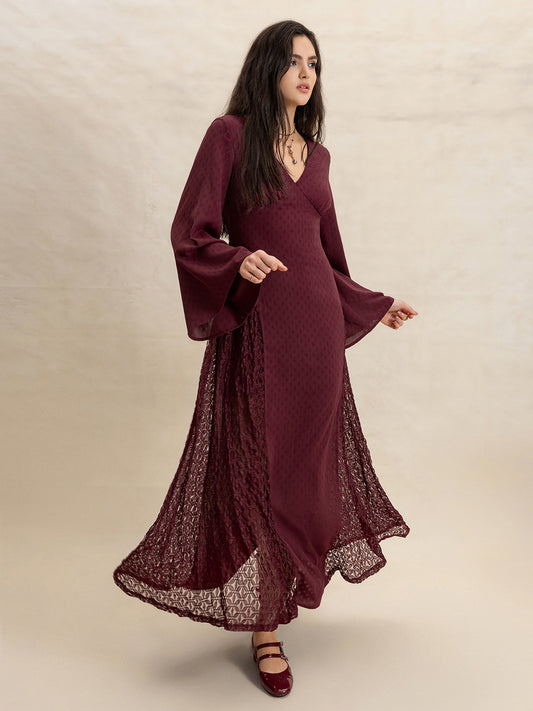 Lace Patchwork V-Neck Long Sleeve Midi Dress Burgundy