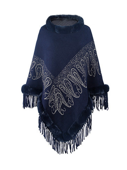 Graphic Fringe Cape Sleeve Poncho Dark Blue One Size