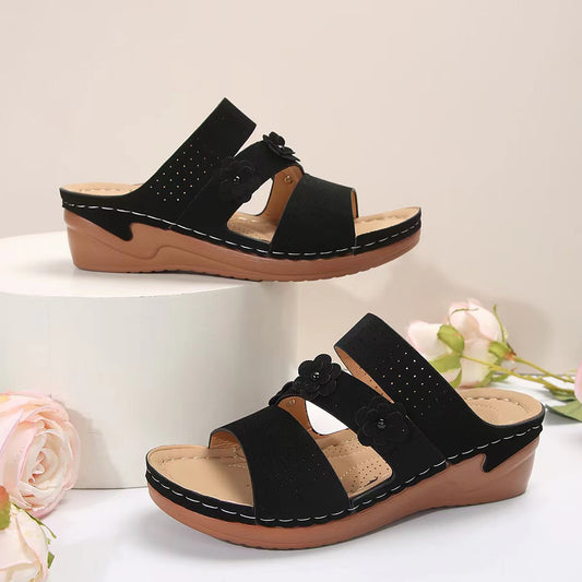 Flower PU Leather Wedge Sandals Black