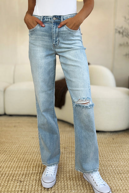 Judy Blue Full Size High Waist Distressed Straight Jeans Light