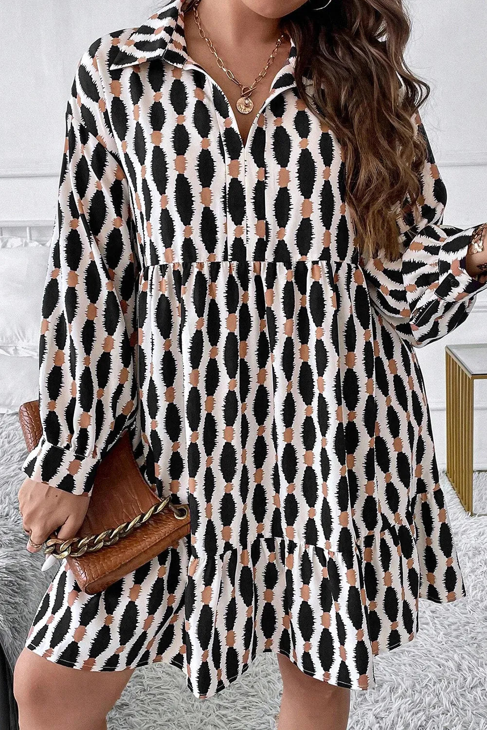 Plus Size Printed Johnny Collar Long Sleeve Dress Black