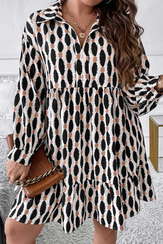 Plus Size Printed Johnny Collar Long Sleeve Dress Black