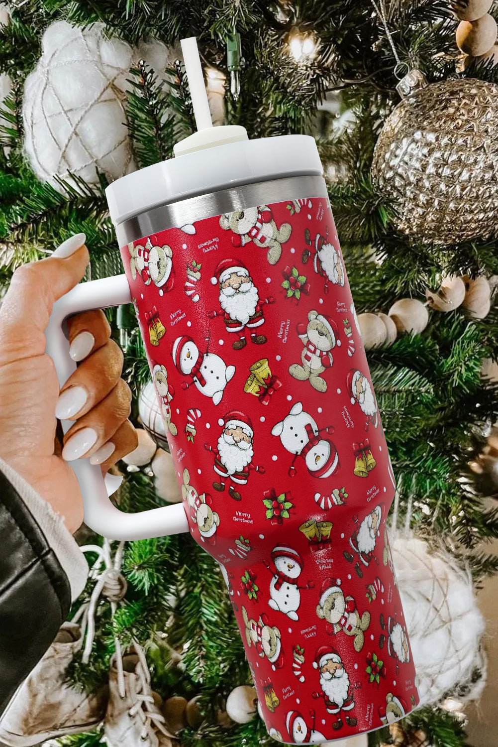 40oz Fiery Red Christmas Print Handled Stainless Steel Tumbler Fiery Red ONE SIZE 100%Alloy
