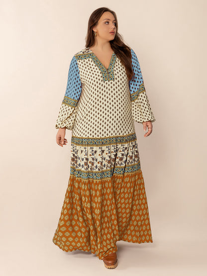Plus Size Printed V-Neck Balloon Sleeve Maxi Dress Camel