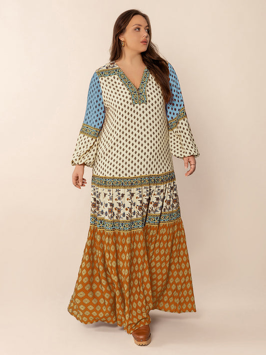 Plus Size Printed V-Neck Balloon Sleeve Maxi Dress Camel