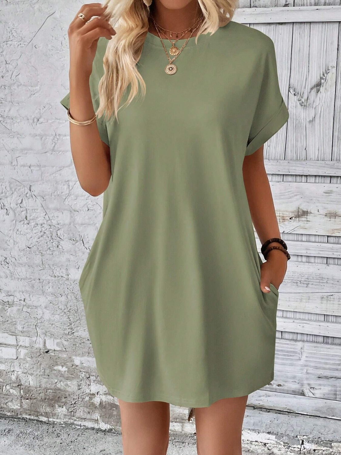 Round Neck Short Sleeve Mini Dress Sage