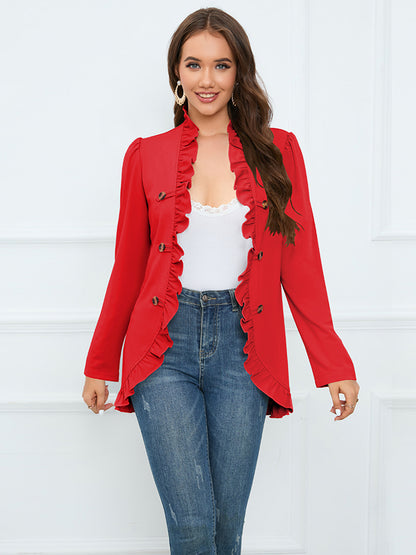 Ruffle Trim Long Sleeve Blazer Deep Red