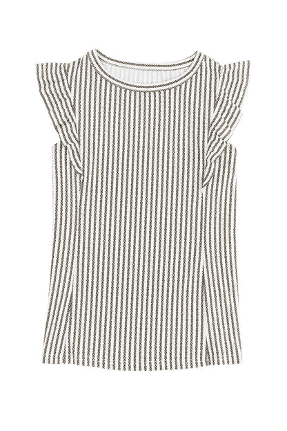 Gray Crew Neck Ruffled Striped Tank Top