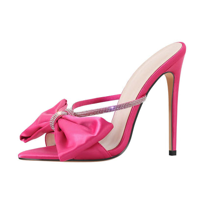 Women's Large Bow Pointed High Heel Sandals – Sexy and Stylish Evening Shoes Pink
