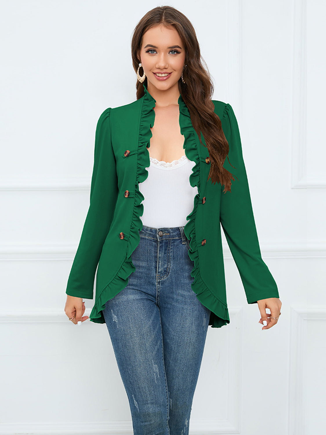 Ruffle Trim Long Sleeve Blazer Dark Green