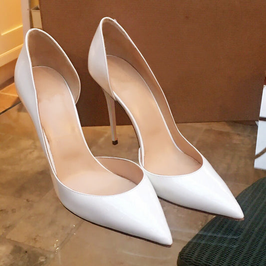 Women’s Pointed Toe High Heel Stilettos – French-Inspired Side Cutout in Soft Leather White