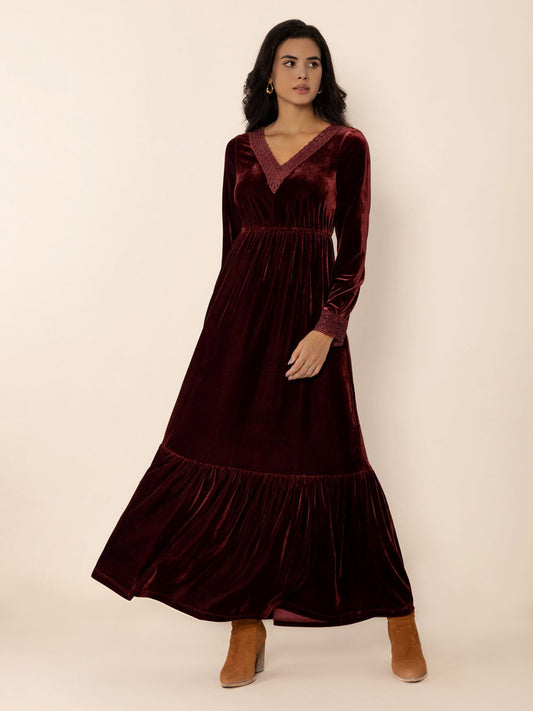 Lace Detail V-Neck Long Sleeve Dress Burgundy