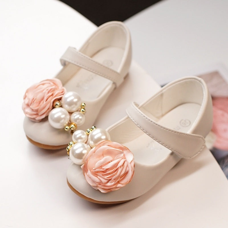 Girls Pearl Bow Show Princess Shoes – Elegant Comfort Kids’ Dress Shoes for Special Occasions Beige