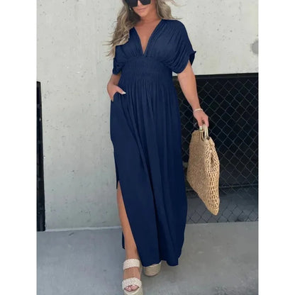 Women's Bat-Sleeve V-Neck Maxi Dress - Summer Slit Dress with Elastic Waist Dark Blue