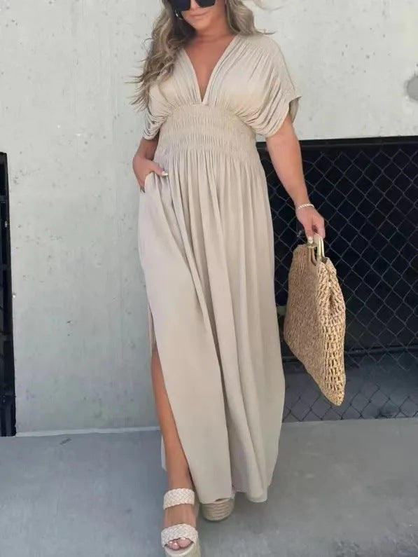 Women's Bat-Sleeve V-Neck Maxi Dress - Summer Slit Dress with Elastic Waist Khaki