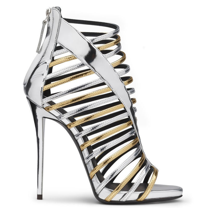Women's Gold & Silver Roman High-Heeled Sandals with Thin Wrap Straps and Open Toe Gold Patent Leather+Silver Patent Leather