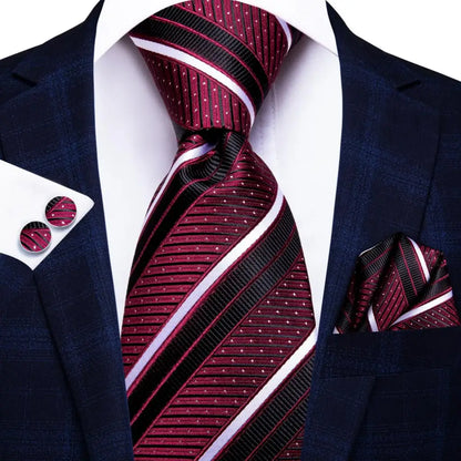 Black Red Striped Silk Wedding Tie for Men with Handkerchief and Cufflinks - Designer Necktie for Fashion, Business, and Parties. 3351